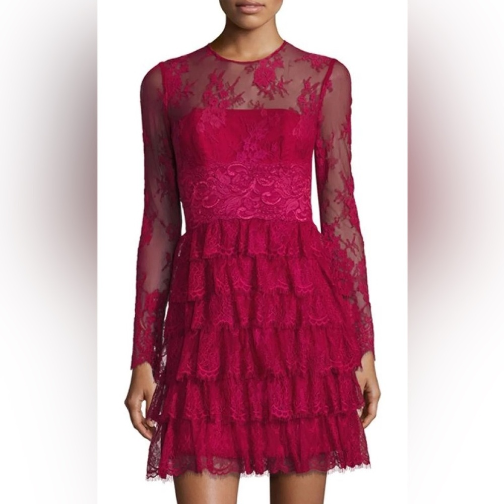 Monique Lhuillier Floral Lace dress with Lace overlay and tiers of ruffles